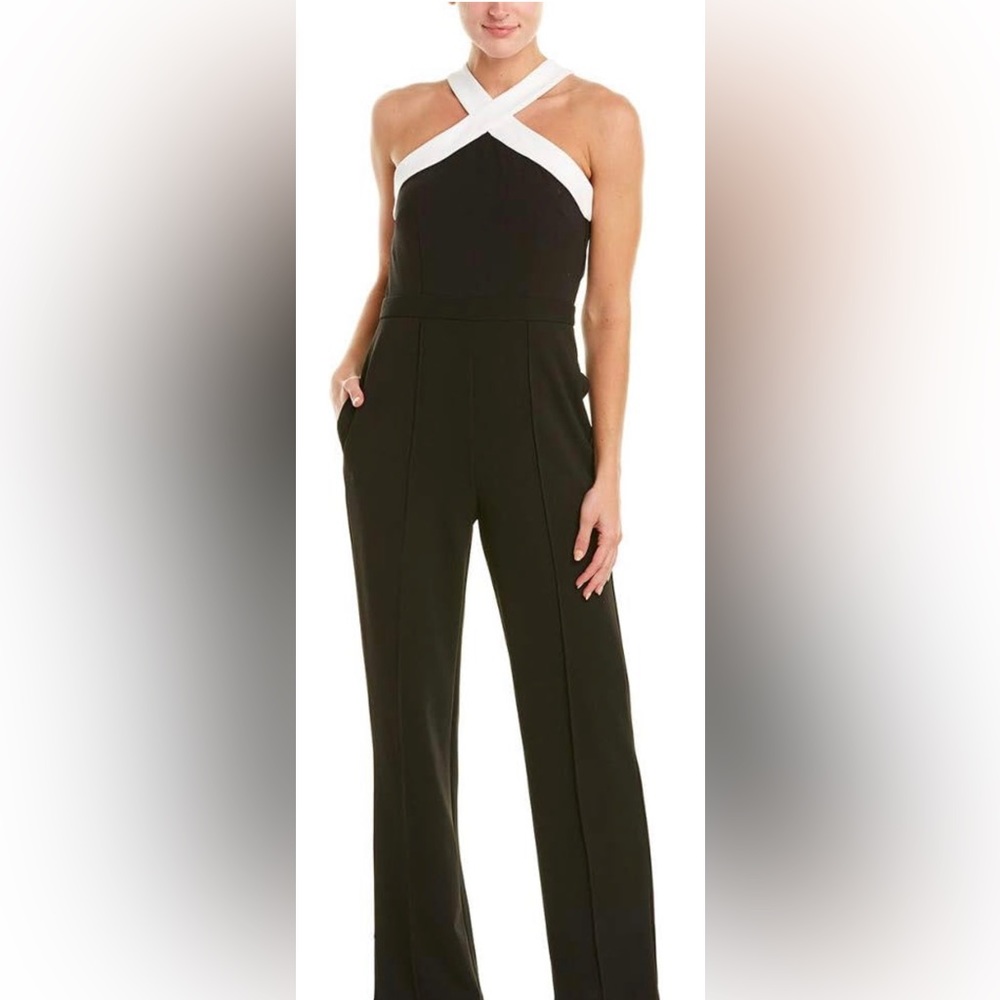 Donna Morgan Womens Black/White Cross Neck Crepe Jumpsuit
